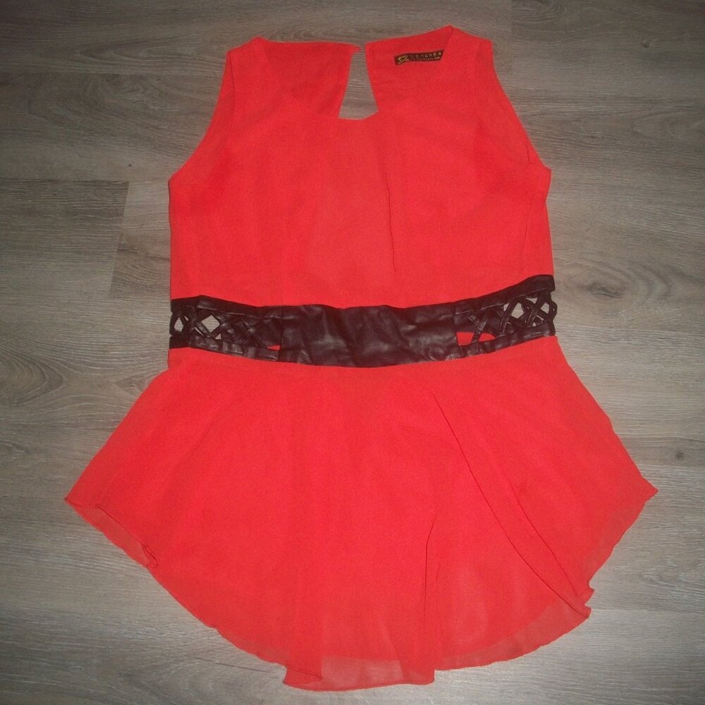 womens red peplum top.open criss cross faux leather waist.size medium